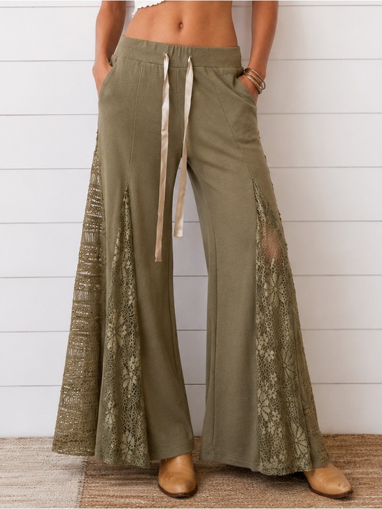 POL Pants - “The Dixie”Bestseller: Boho Wide-Leg Lace-Inset Pants - Olive